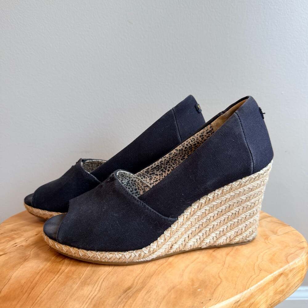 Toms Michelle Black Canvas Espadrille Peep Toe Wedge Sandals Size 9.5